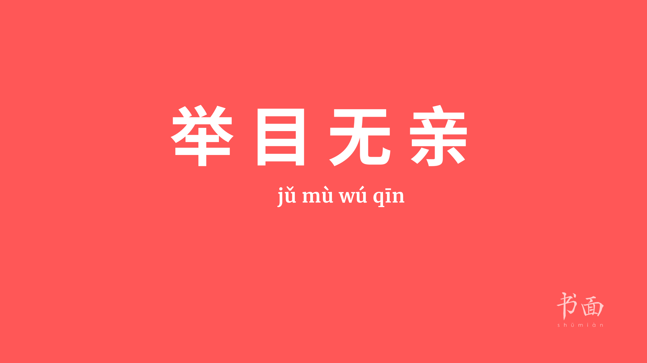 Imagem de fundo vermelho com texto em branco. Caracteres chineses cujo pinyin é 举目无亲 (jǔ mù wú qīn).