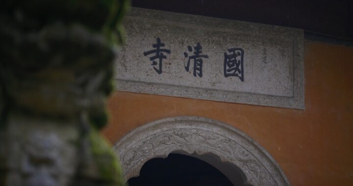 ALT TEXT: uma estátua de um leão na frente de um edifício de arquitetura chinesa e com caracteres chineses